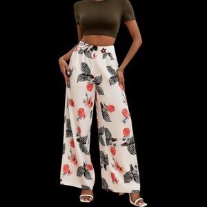 XXL 2pc set Wide Leg Palazzo Floral Pants, Green Crop Short Sleeve Top NWOT
